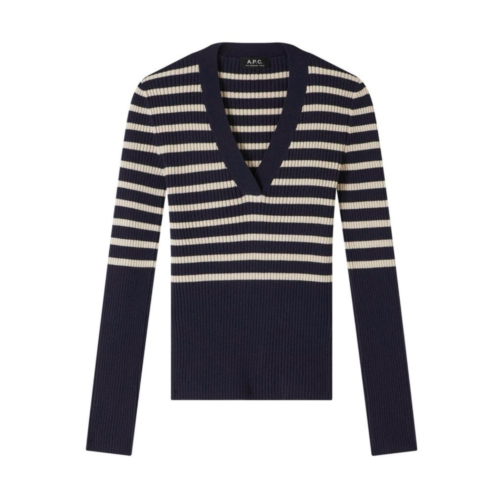 A.P.C. Women's V-Neck Sweater in Dark Navy and Ecru Stripes
